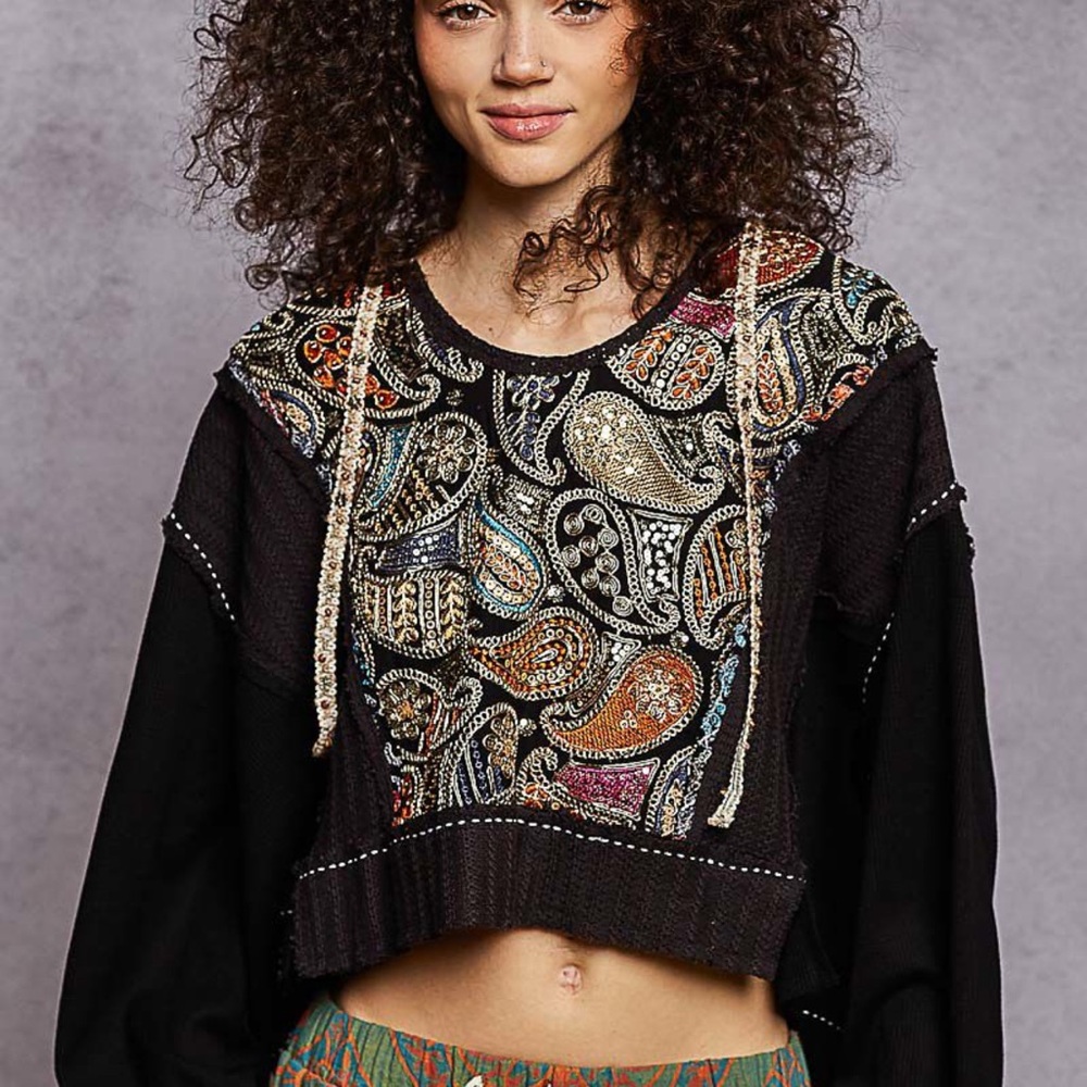 PW88-🔥STUNNING POL Black Hooded Jacket  Multicolor Paisley Embroidered - Picture 2 of 3
